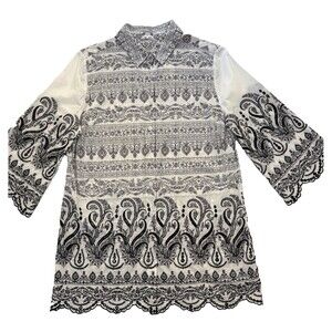 Chico’s Womens Tunic Top Size 1 White Embroidered Button Up Boho 3/4 Sleeve